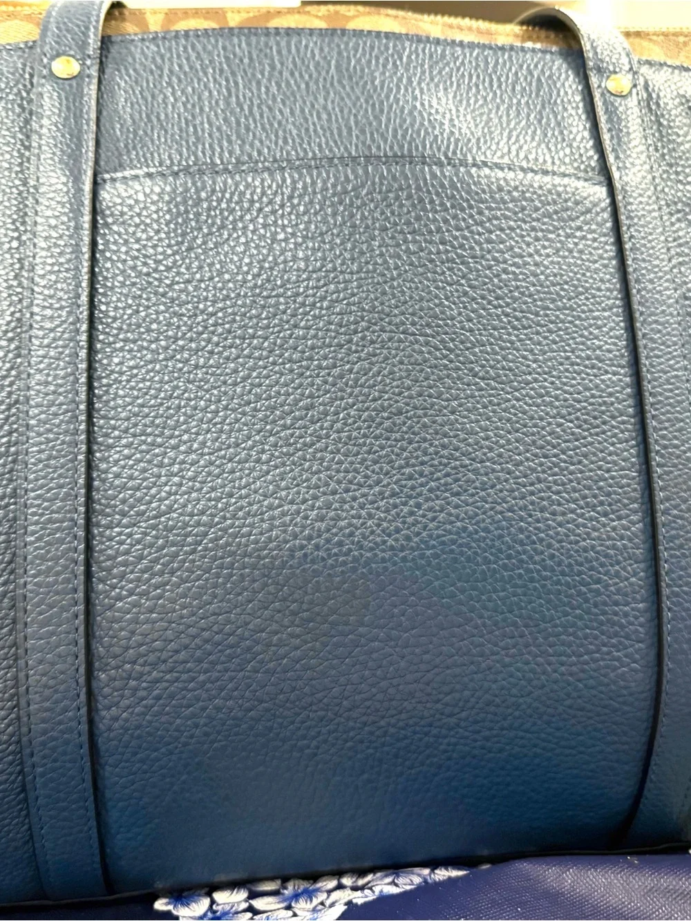 Coach Blue Pebbled Leather Tote with Signature Trim